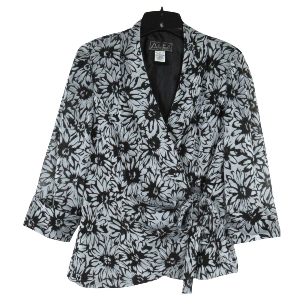 ALEX EVENINGS Lined CHIIFO Black/Gray Floral TIE BUTTON WRAP Jacket Blouse Sz M